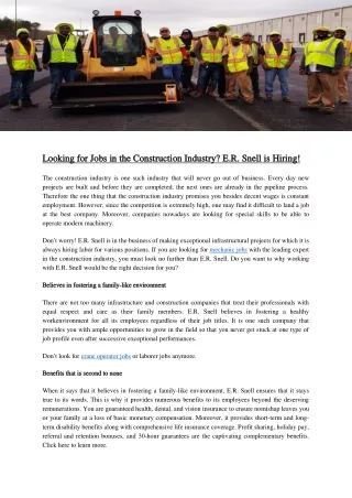 Looking for Jobs in the Construction Industry E.R. Snell is Hiring!