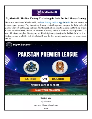MyMaster11The Best Fantasy Cricket App in India for Real Money Gaming