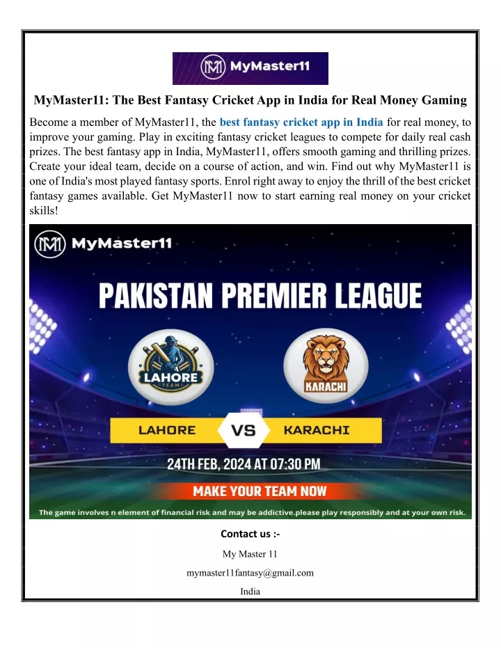 mymaster11 the best fantasy cricket app in india