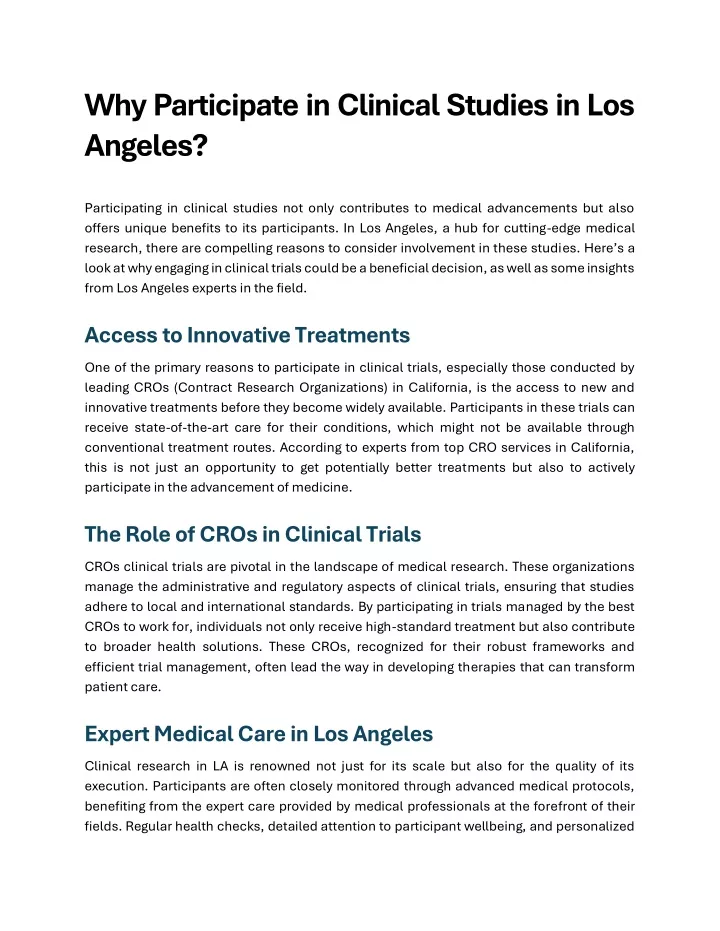 why participate in clinical studies in los angeles