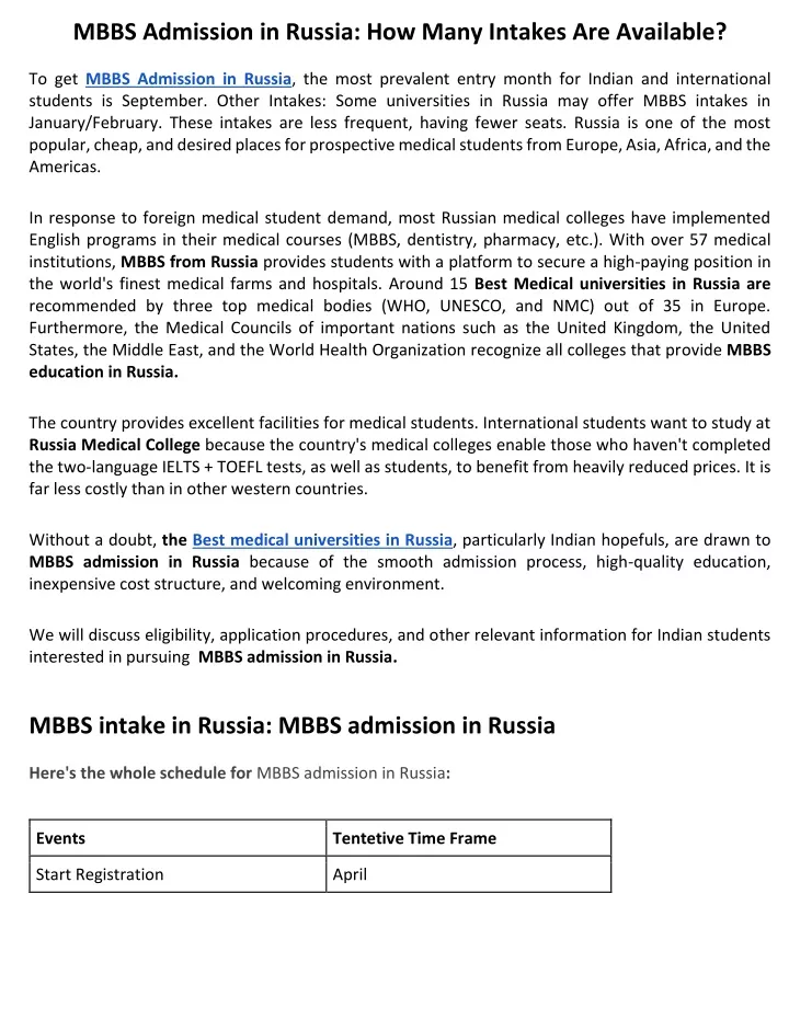 mbbs admission in russia how many intakes