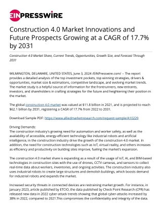 Construction 4.0 Market Future Prospects Growing at a CAGR of 17.7% by 2031