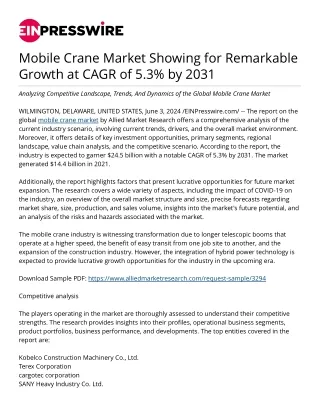 Mobile Crane Market Showing for Remarkable Growth at CAGR of 5.3% by 2031