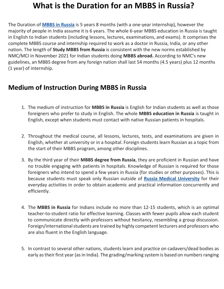 what is the duration for an mbbs in russia