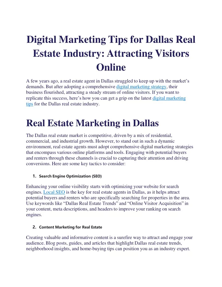 digital marketing tips for dallas real estate industry attracting visitors online