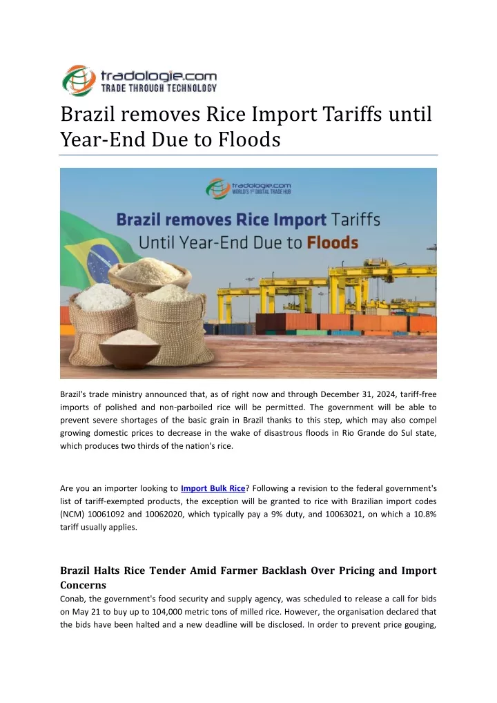 brazil removes rice import tariffs until year