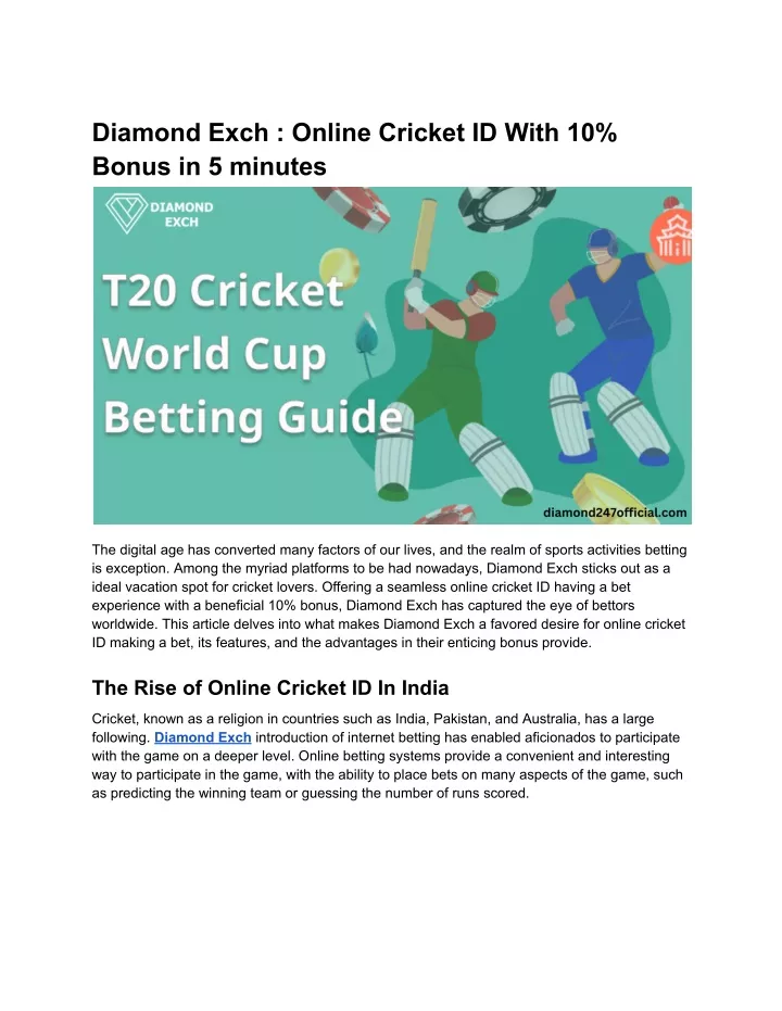 diamond exch online cricket id with 10 bonus