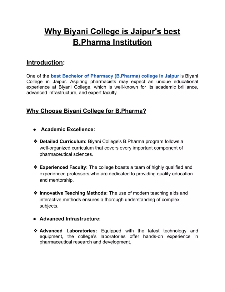 why biyani college is jaipur s best b pharma