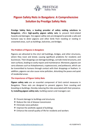 Pigeon Safety Nets in Bangalore: A Comprehensive Solution by Prestige Safety Net