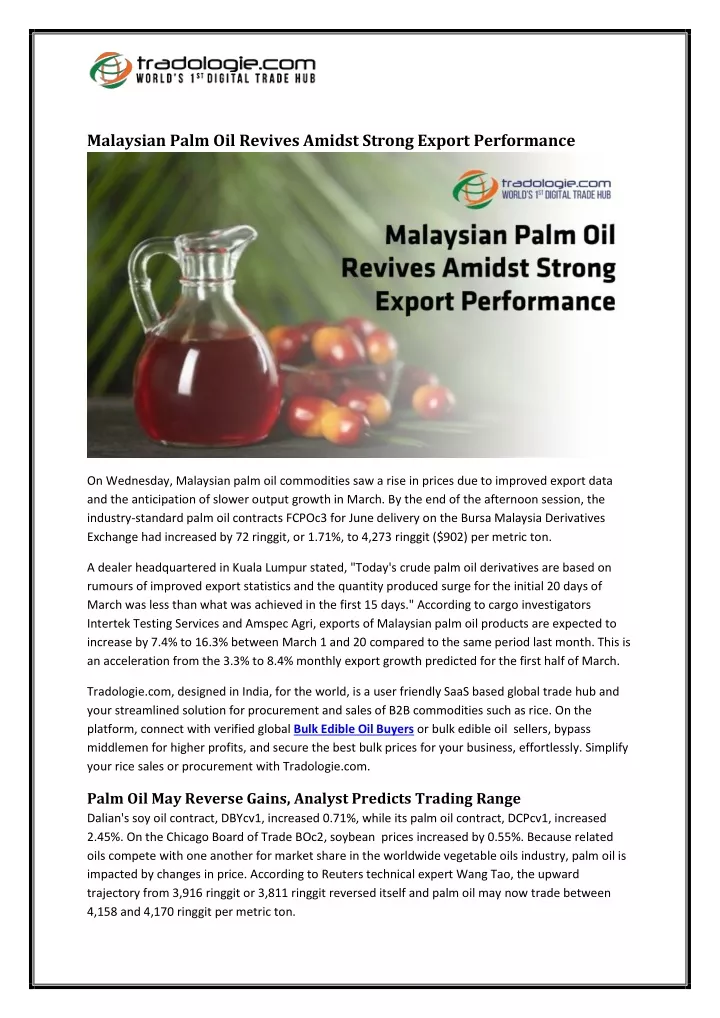 malaysian palm oil revives amidst strong export