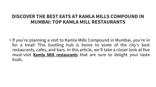 Discover the Best Eats at Kamla Mills Compound in Mumbai