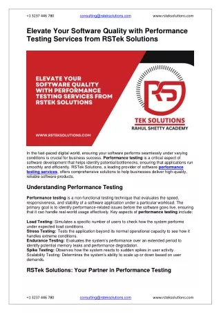 Elevate Your Software Quality with Performance Testing Services from RSTek Solutions