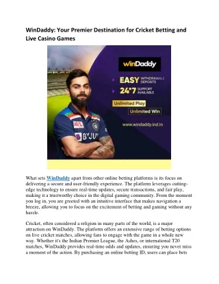 WinDaddy: Your Premier Destination for Cricket Betting and Live Casino Games