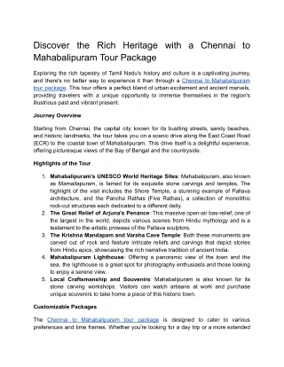 Discover the Rich Heritage with a Chennai to Mahabalipuram Tour Package