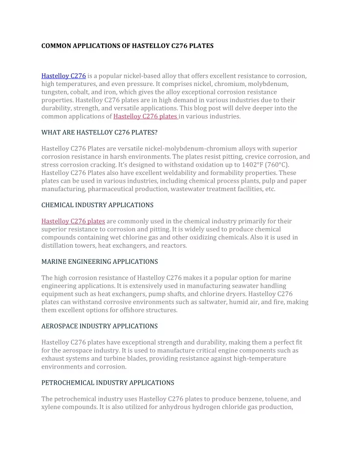 common applications of hastelloy c276 plates