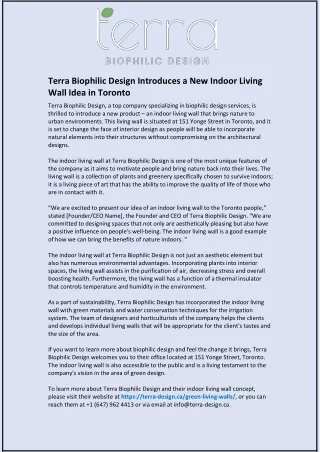 Terra Biophilic Design Introduces a New Indoor Living Wall Idea in Toronto