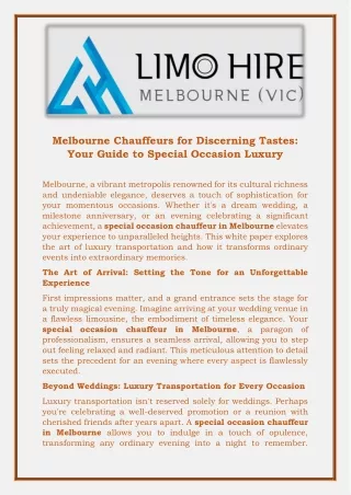 Melbourne Chauffeurs for Discerning Tastes- Your Guide to Special Occasion Luxury
