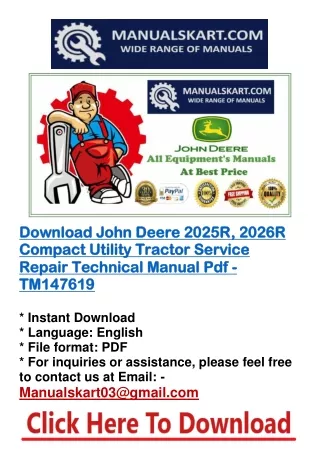 Download John Deere 2025R, 2026R Compact Utility Tractor Service Repair Technical Manual Pdf - TM147619