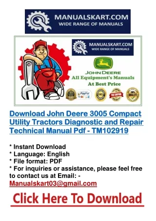 Download John Deere 3005 Compact Utility Tractors Diagnostic and Repair Technical Manual Pdf - TM102919