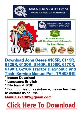 Download John Deere 6105R, 6115R, 6125R, 6130R, 6140R, 6150R, 6170R, 6190R, 6210R Tractor Diagnostic and Tests Service M