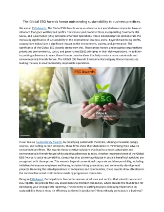 The Global ESG Awards honor outstanding sustainability in business practices 10.6.24