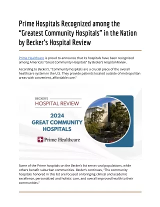 Prime Hospitals Recognized among the “Greatest Community Hospitals” in the Nation by Becker’s Hospital Review