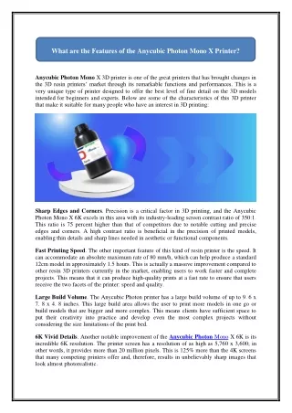 what are the features of the anycubic photon mono