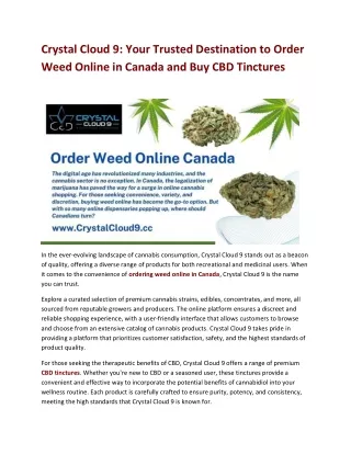 Crystal Cloud 9 Your Trusted Destination to Order Weed Online in Canada and Buy CBD Tinctures