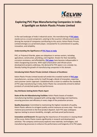 Exploring PVC Pipe Manufacturing Companies in India A Spotlight on Kelvin Plastic Private Limited