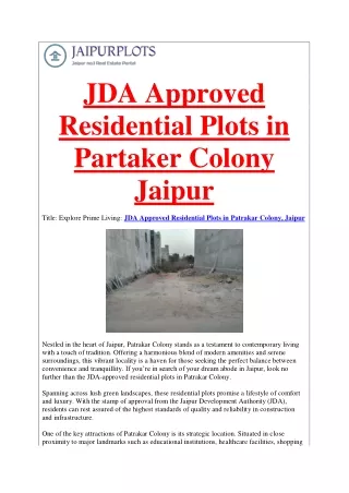 JDA Approved Residential Plots in Partaker Colony Jaipur