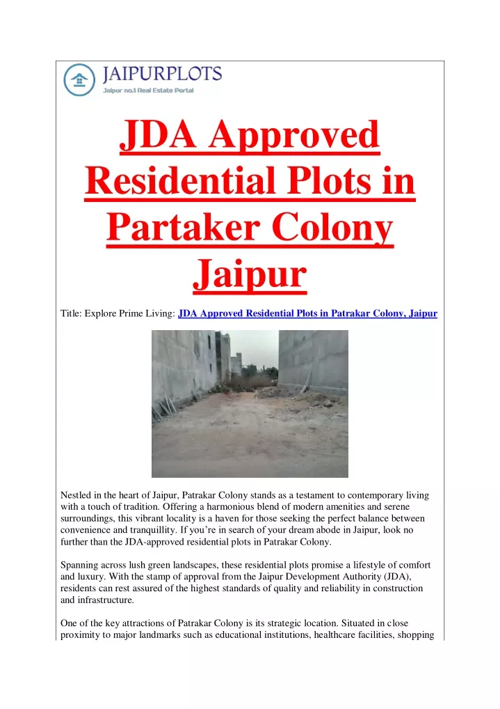 jda approved residential plots in partaker colony