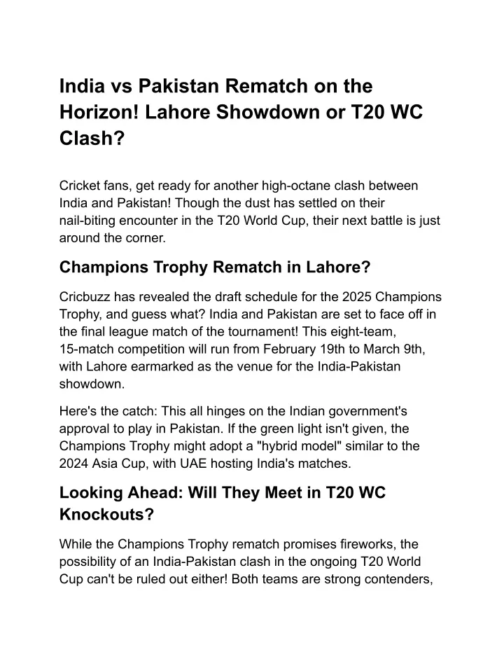 india vs pakistan rematch on the horizon lahore