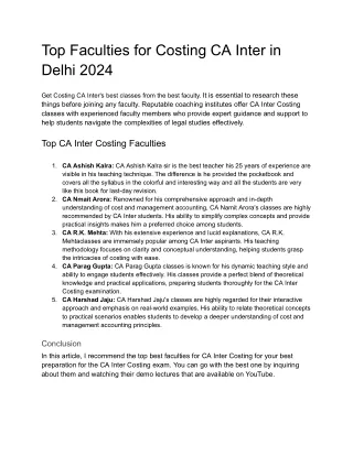 Top Faculties for Costing CA Inter in Delhi 2024