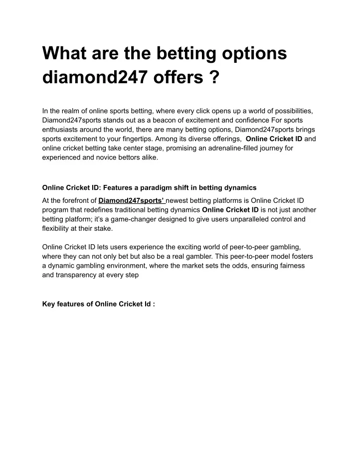 what are the betting options diamond247 offers