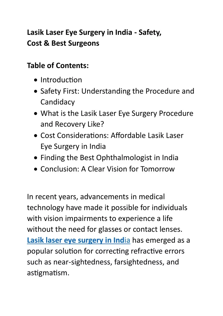 lasik laser eye surgery in india safety cost best