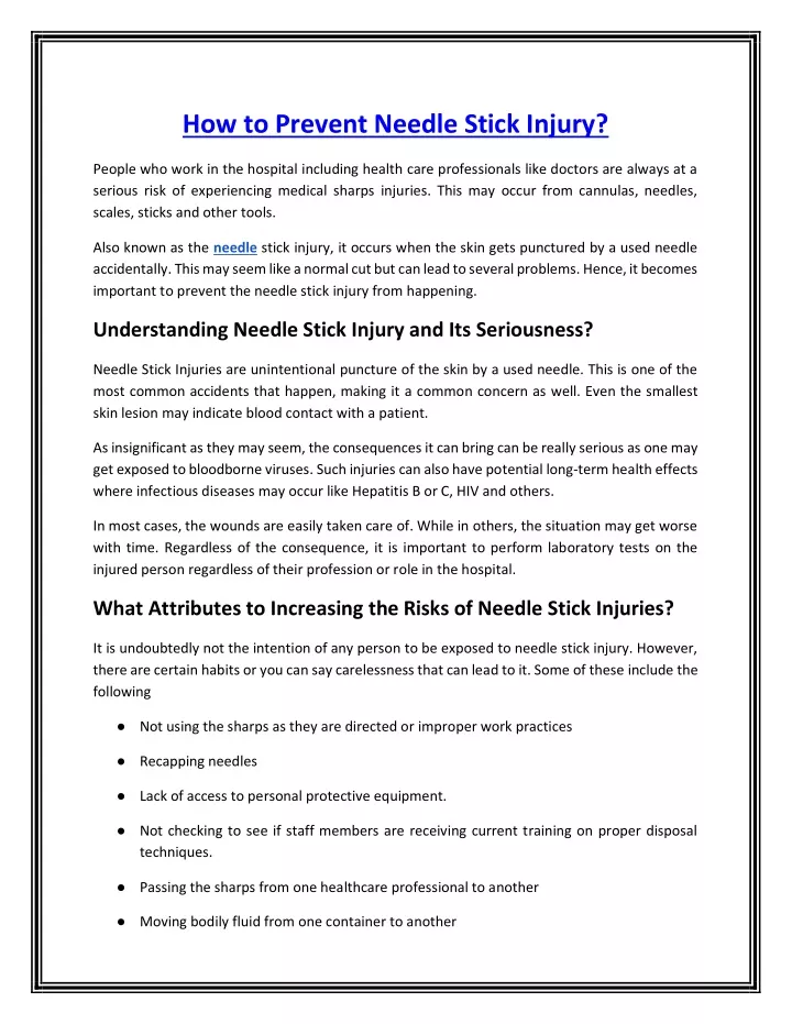 how to prevent needle stick injury