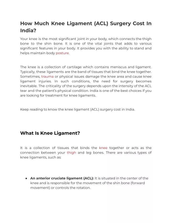 how much knee ligament acl surgery cost in india