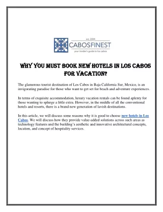 Why You Must Book New Hotels in Los Cabos For Vacation?