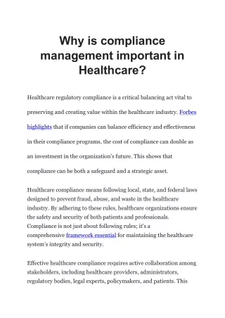 Why is compliance management important in Healthcare