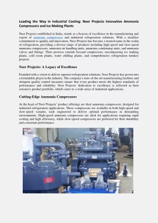 Neer Projects Innovative Ammonia Compressor and Ice Making Plant