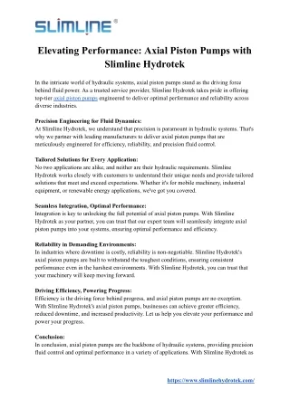 Elevating Performance - Axial Piston Pumps with Slimline Hydrotek