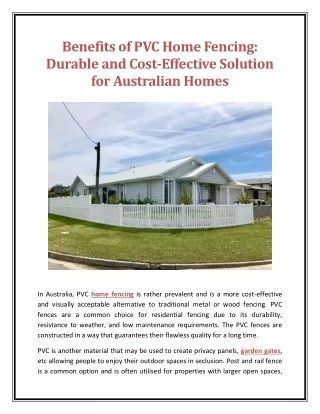 Benefits of PVC Home Fencing Durable and Cost Effective Solution for Australian Homes