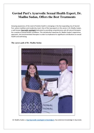 Govind Puri's Ayurvedic Sexual Health Expert, Dr.  Madhu Sudan, Offers the Best