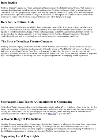 NextStop Theatre Company: Showcasing Local Talent in Herndon