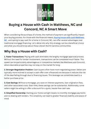 Buying a House with Cash in Matthews, NC and Concord, NC A Smart Move