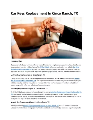 Car Keys Replacement In Cinco Ranch, TX