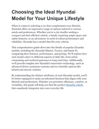 Choosing the Ideal Hyundai Model for Your Unique Lifestyle