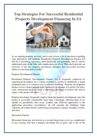 Residential Property Development Financing In SA