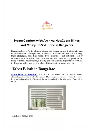 Home Comfort with Akshiya NetsZebra Blinds and Mosquito Solutions in Bangalore