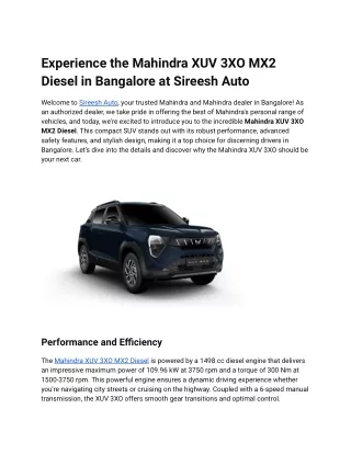 Experience the Mahindra XUV 3XO MX2 Diesel in Bangalore at Sireesh Auto